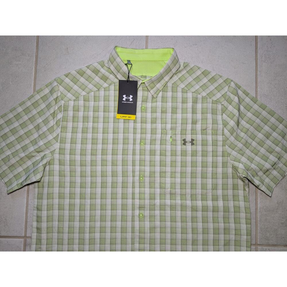 Under Armour Men's Large Drift Tide 2.0 Light Green Plaid Fitted S/S Shirt New - Picture 2 of 6